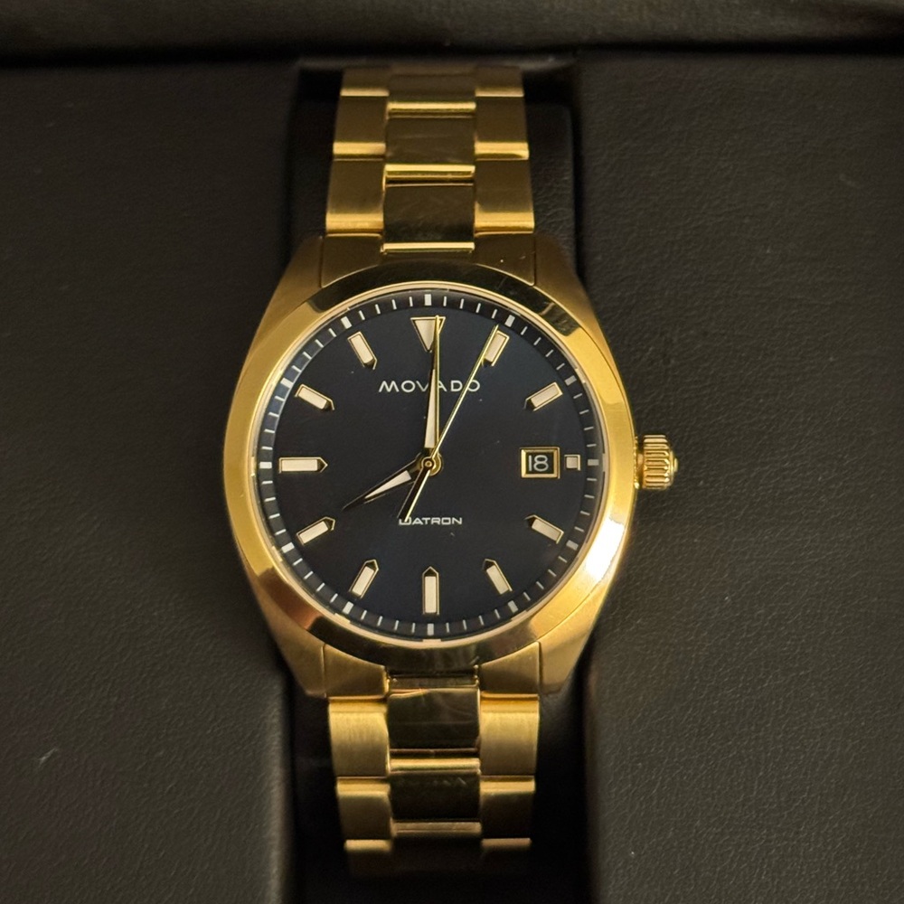 Movado Heritage Datron Watch Men 39mm Blue Dial Gold Tone 3650143 EUC with Box